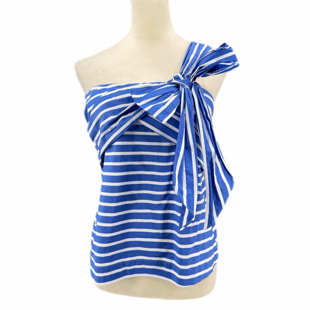 J. Crew Blue Stripe One Shoulder Oversized Bow Asymmetrical Coastal Blouse Top